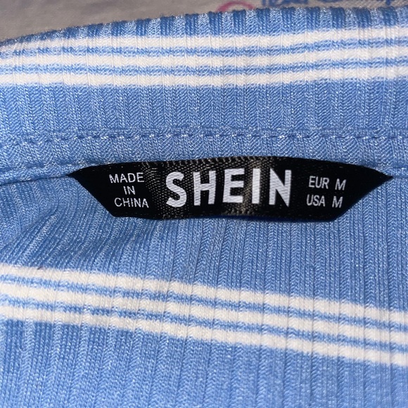 Blue and White Striped  Collard V-neck Rib-Knit Cropped Top - Picture 2 of 3